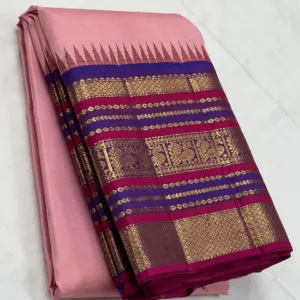 korvai Kanchipuram Silk Saree In Pink With Purple