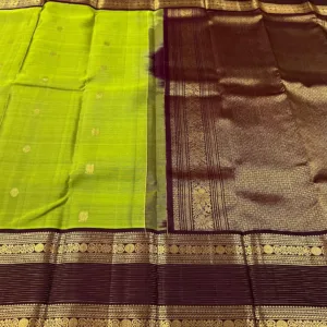Leaf Green Kanchipuram Silk Saree With Coffee Brown