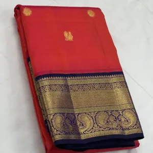 Red Kanchipuram Silk Saree With Blue Border