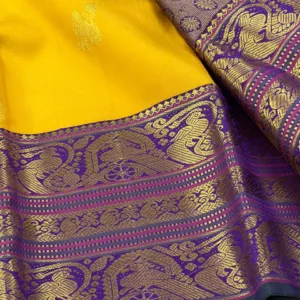 Kanchipuram Silk Saree In Yellow With Blue