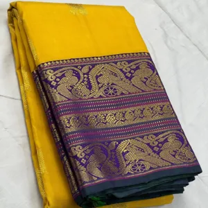 Kanchipuram Silk Saree In Yellow With Blue