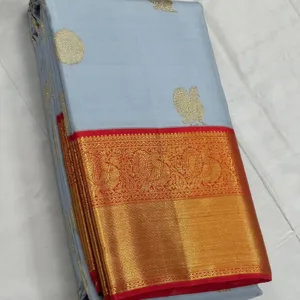 Kanchipuram Silk Saree In Sky Blue With Red