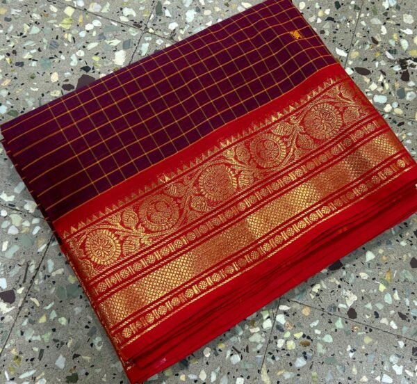 Kanchi Cotton Sarees In Brown With Red