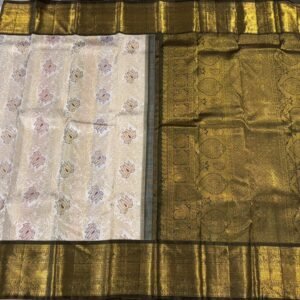Kanchipuram Silk Saree In White with Green