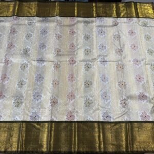 Kanchipuram Silk Saree In White with Green