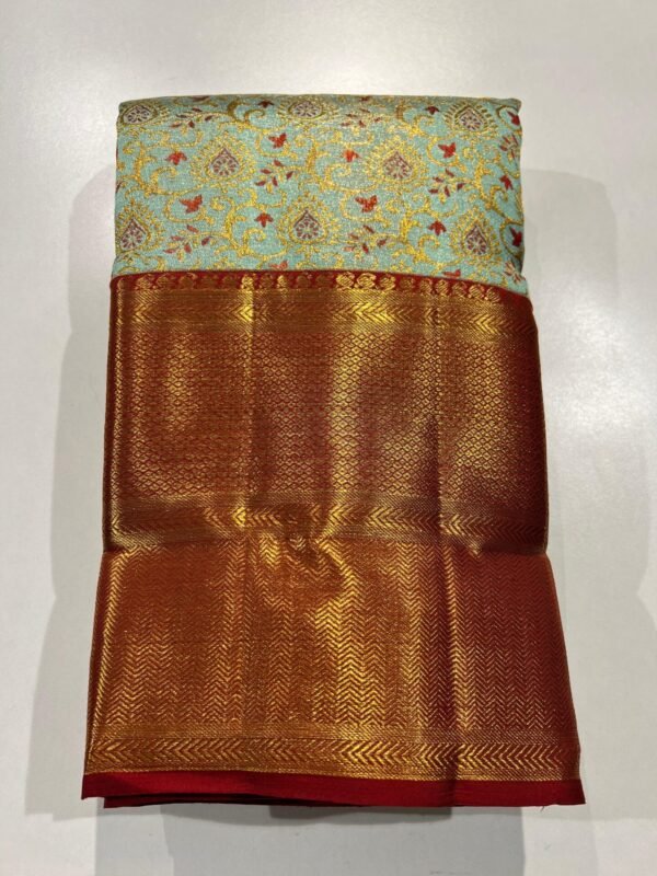Kanchipuram Silk Saree In Sea Green With Red