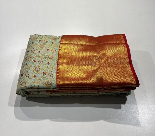 Kanchipuram Silk Saree In Sea Green With Red