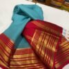 Pure Crepe Mysore Silk Sarees In Aqua With Red