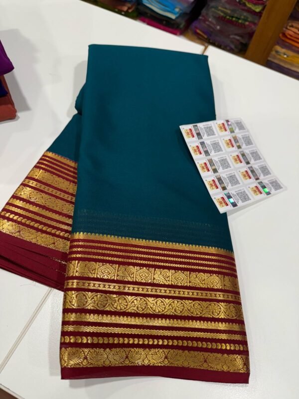 Pure Crepe Mysore Silk Sarees In Tea Blue With Red