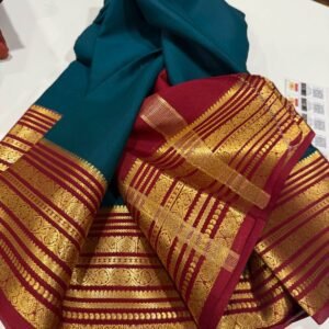 Pure Crepe Mysore Silk Sarees In Tea Blue With Red