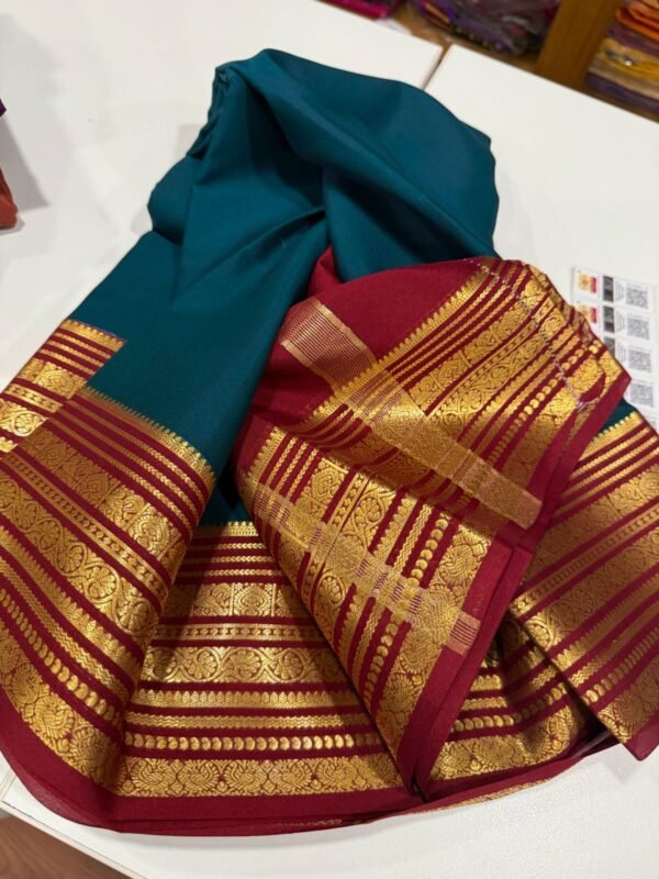 Pure Crepe Mysore Silk Sarees In Tea Blue With Red