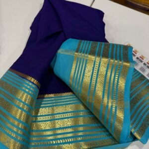Pure Crepe Mysore Silk Sarees In Blue With Aqua