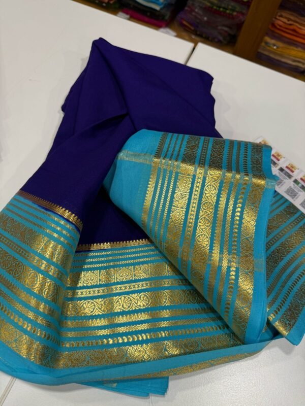 Pure Crepe Mysore Silk Sarees In Blue With Aqua