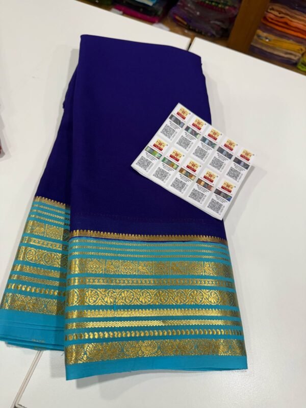 Pure Crepe Mysore Silk Sarees In Blue With Aqua