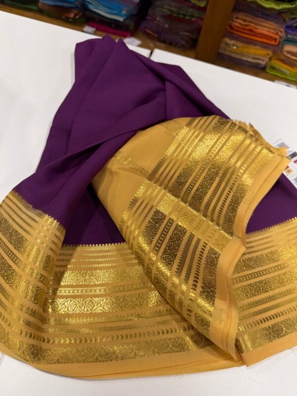 Pure Crepe Mysore Silk Sarees In Purple With Yellow