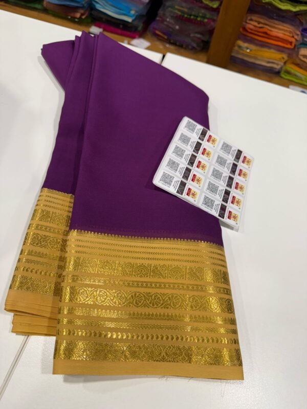 Pure Crepe Mysore Silk Sarees In Purple With Yellow