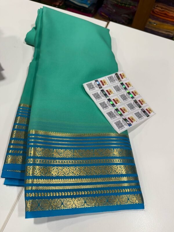 Pure Crepe Mysore Silk Sarees In Sea Blue With Light Blue