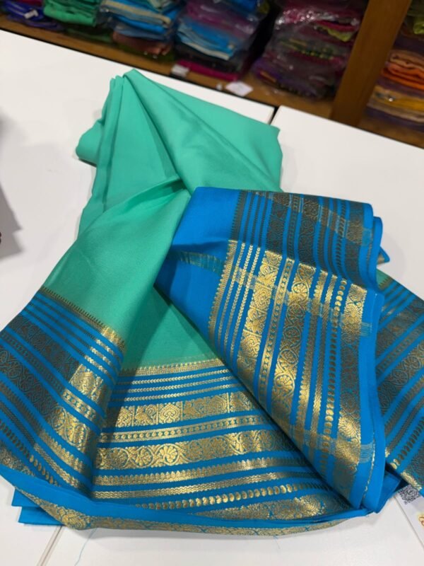 Pure Crepe Mysore Silk Sarees In Sea Blue With Light Blue
