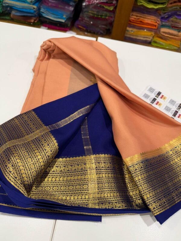 Pure Crepe Mysore Silk Sarees In Coral Pink With Blue