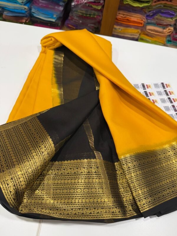 Pure Crepe Mysore Silk Sarees In Mango yellow with Black