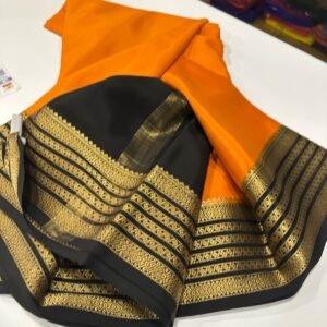 Pure Crepe Mysore Silk Sarees In Orange With Black