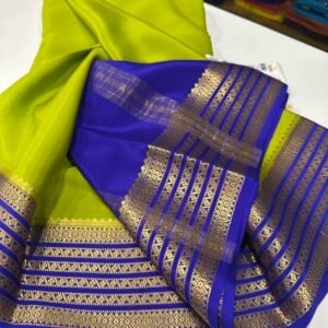Pure Crepe Mysore Silk Sarees In Parrot Green With Royal Blue