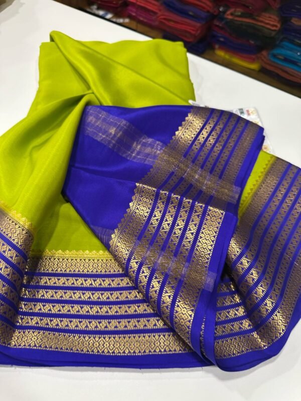 Pure Crepe Mysore Silk Sarees In Parrot Green With Royal Blue