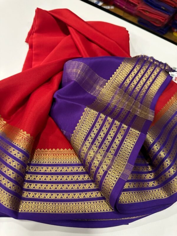 Pure Crepe Mysore Silk Sarees In Red With Purple
