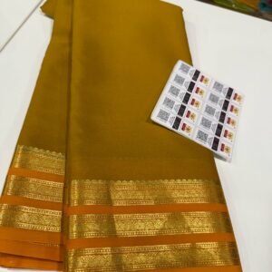 Pure Crepe Mysore Silk Sarees In Mustard Yellow With Orange