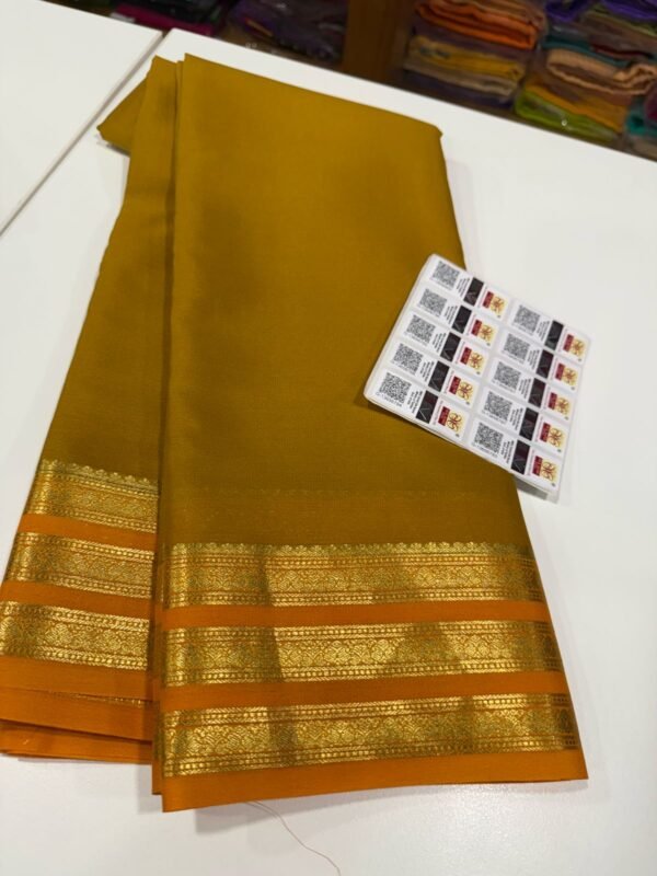 Pure Crepe Mysore Silk Sarees In Mustard Yellow With Orange
