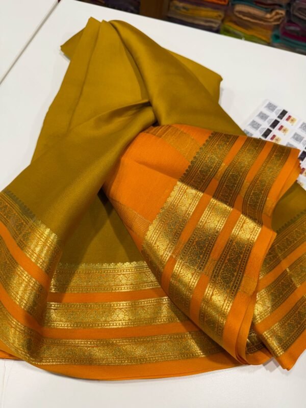 Pure Crepe Mysore Silk Sarees In Mustard Yellow With Orange