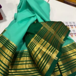 Pure Crepe Mysore Silk Sarees In Sea Green With Dark Green