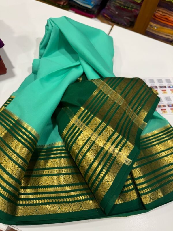 Pure Crepe Mysore Silk Sarees In Sea Green With Dark Green