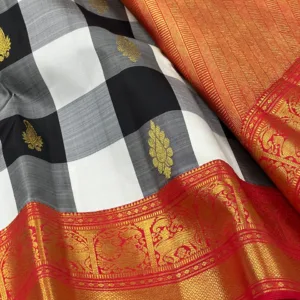 Checks Kanchipuram Silk Saree In Black & White With Red Border