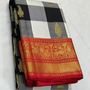 Checks Kanchipuram Silk Saree In Black & White With Red Border