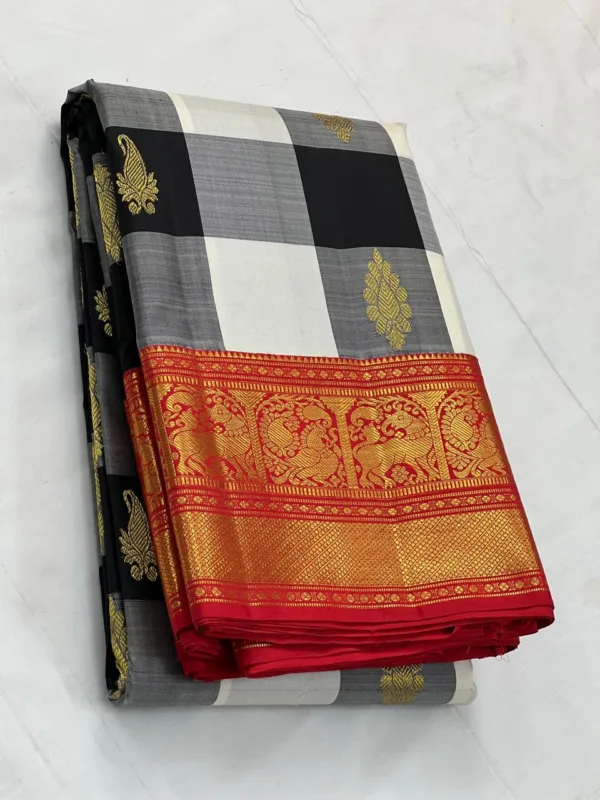 Checks Kanchipuram Silk Saree In Black & White With Red Border