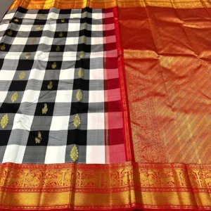 Checks Kanchipuram Silk Saree In Black & White With Red Border