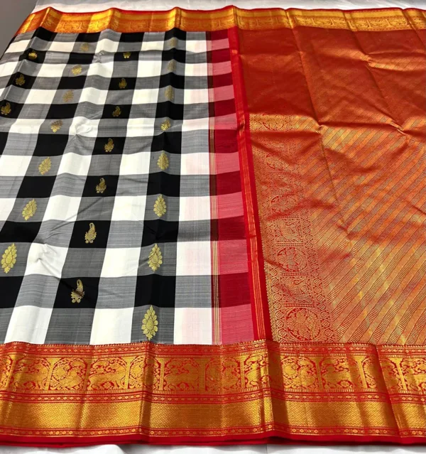 Checks Kanchipuram Silk Saree In Black & White With Red Border
