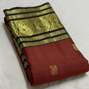 Vintage Kanjivaram Silk Saree In Dark Maroon With Black