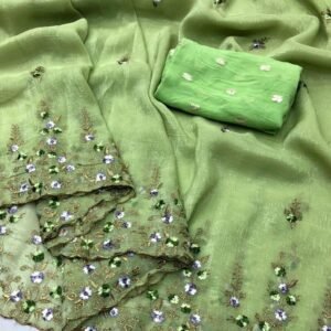 Chiffon crunchy crush Saree In pista