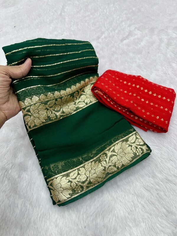 Green Viscose Georgette Saree With Dola Banarasi Silk Contrast Blouse