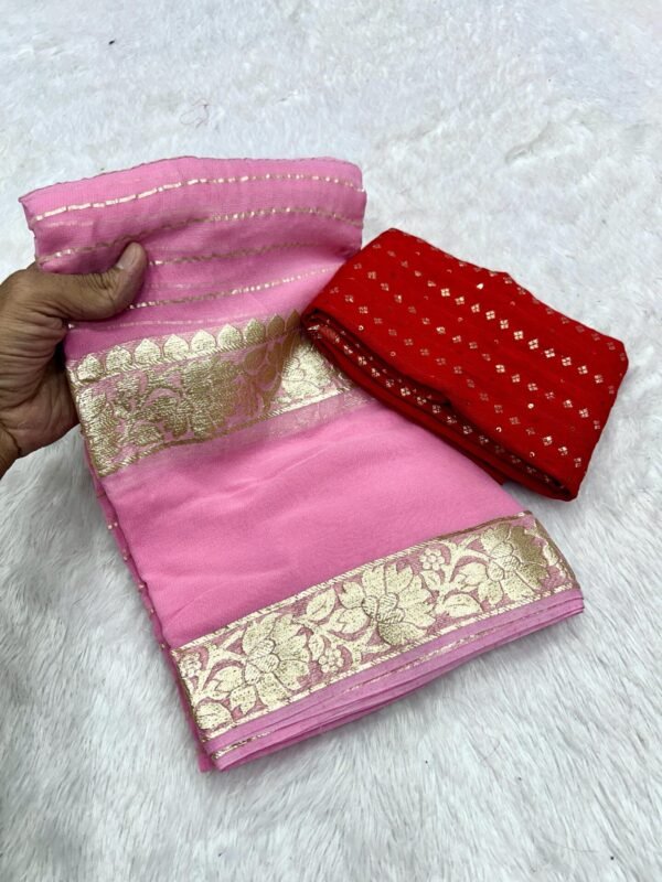pink Viscose Georgette Saree With Dola Banarasi Silk Contrast Blouse