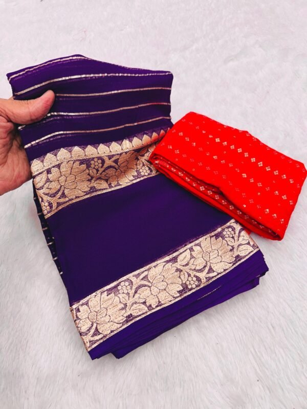 Blue Viscose Georgette Saree With Dola Banarasi Silk Contrast Blouse