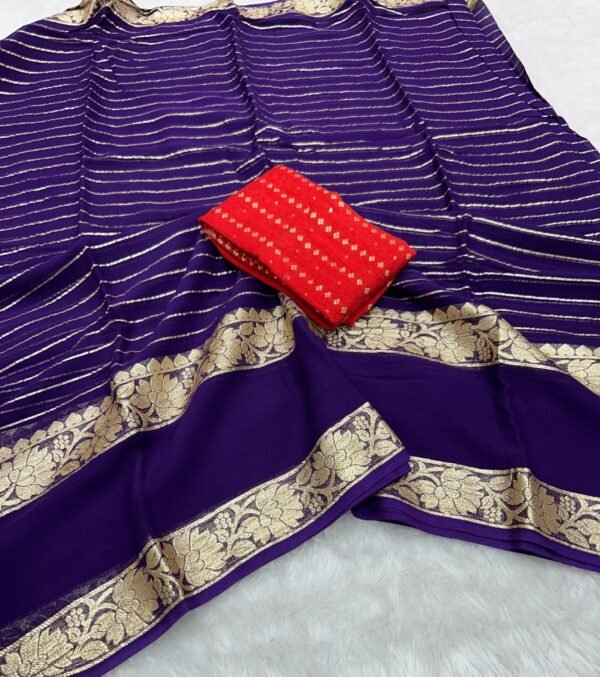 Blue Viscose Georgette Saree With Dola Banarasi Silk Contrast Blouse