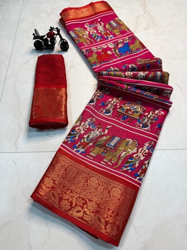 Kalamkari Print Dola Silk Saree In Red