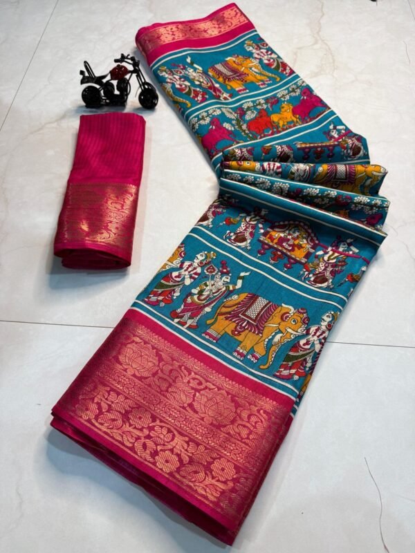 Kalamkari Print Dola Silk Saree In Light Blue With Pink