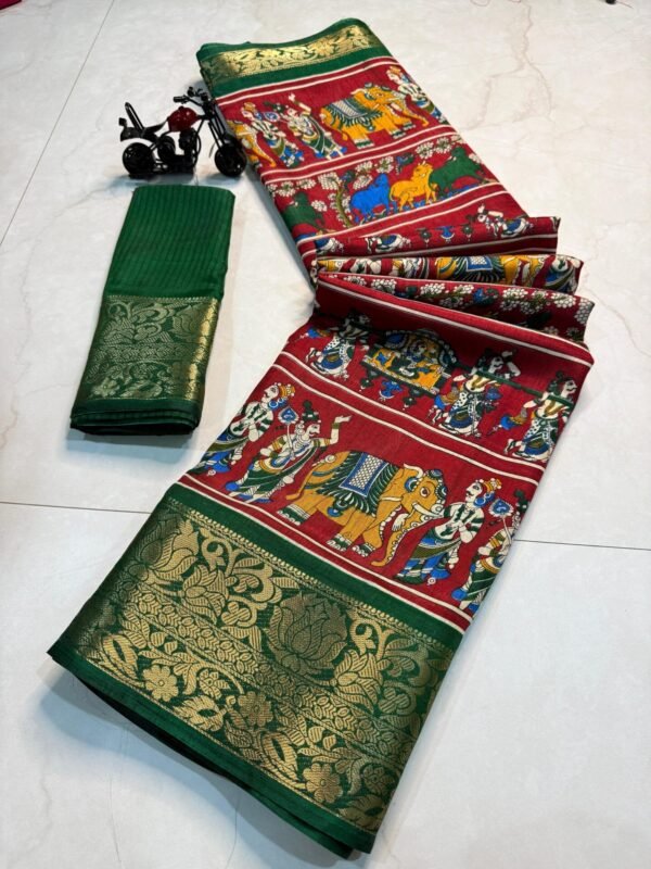 Kalamkari Print Dola Silk Saree In Red With Green