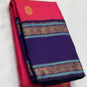 Kanchipuram Silk Saree In Dark coral Pink With Blue