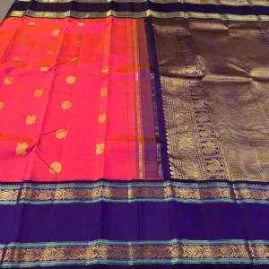 Kanchipuram Silk Saree In Dark coral Pink With Blue