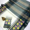 Linen Saree with gold jari border In Cream With Green